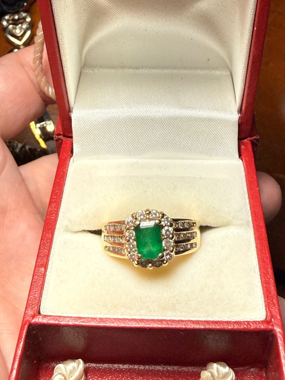 Gold Emerald Halo Ring with Diamond Accents - Green / Unbranded
